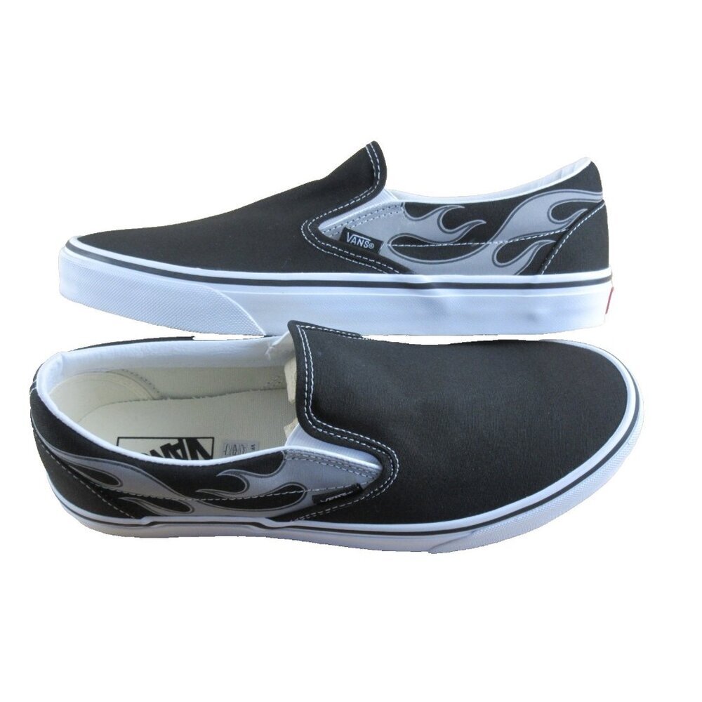 Vans Men's Classic Slip On Reflective Flame Black Grey Canvas Shoes Size 9 NIB